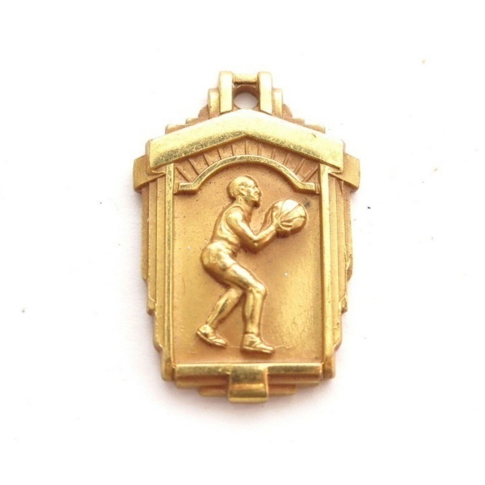 Vintage Gold Tone Basketball Medal Charm Series T‎ Art Deco Sports Pendant